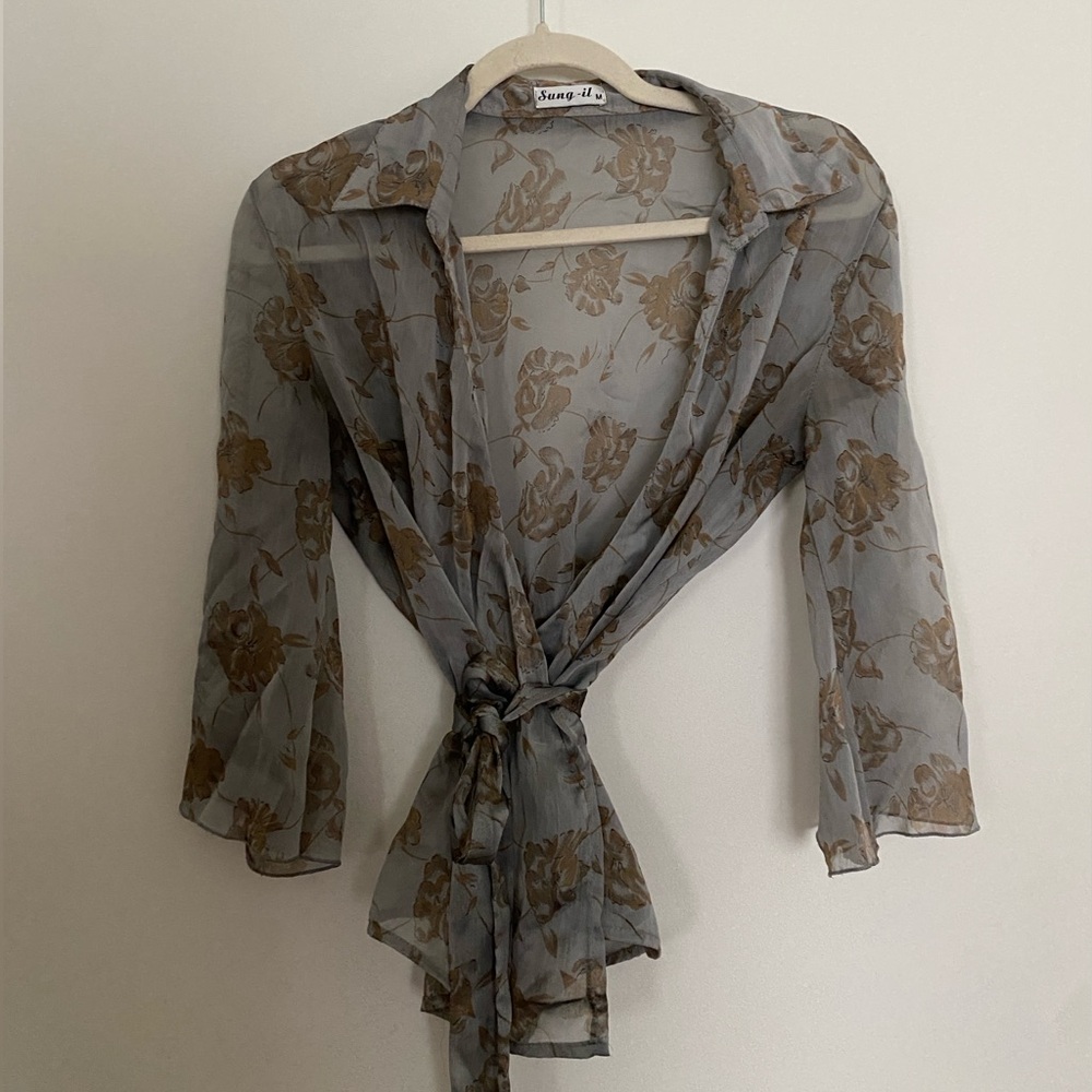 Gray and Gold Sheer Floral Tie Front Silk Blouse